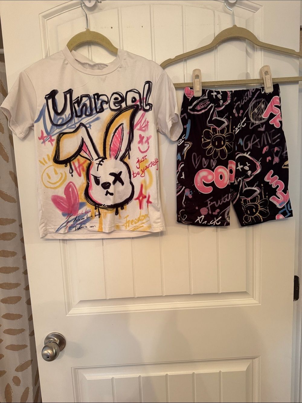SHEIN White Bunny Graffiti Tee and Black Graphic Shorts Pajama Set